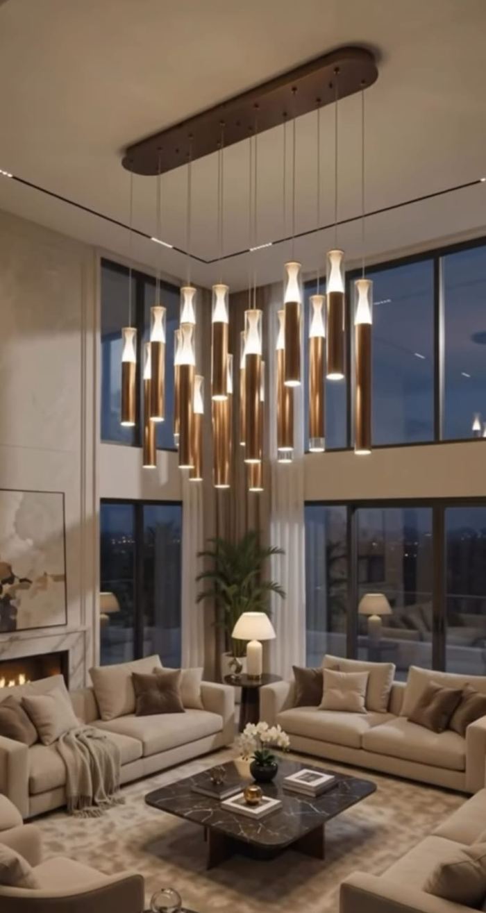 Cluster of slim bronze and glass pendant lights hanging in a double-height living room