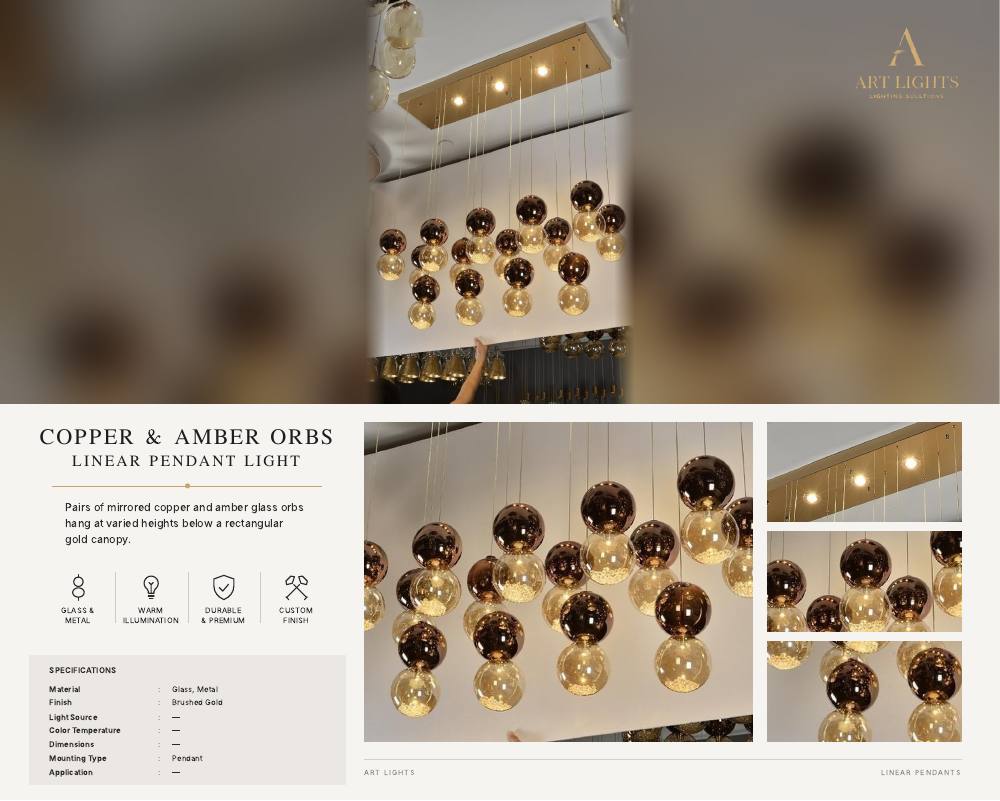 Copper & Amber Orbs linear pendant light (LN-05)